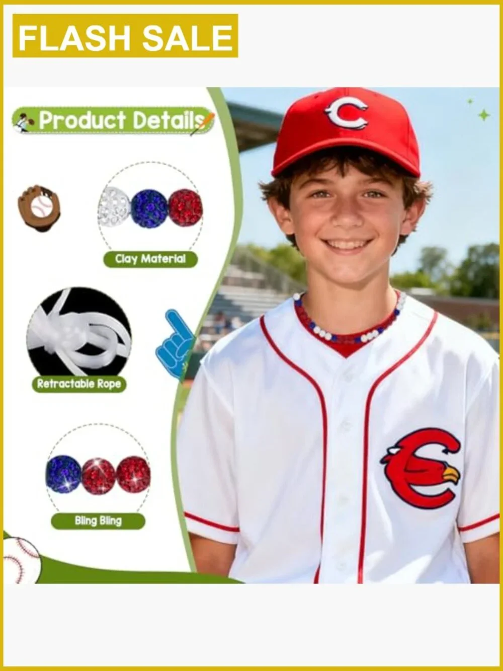 18 Inch Stretch Elastic Baseball Necklace for Boys, Sparkly Rhinestone-Style